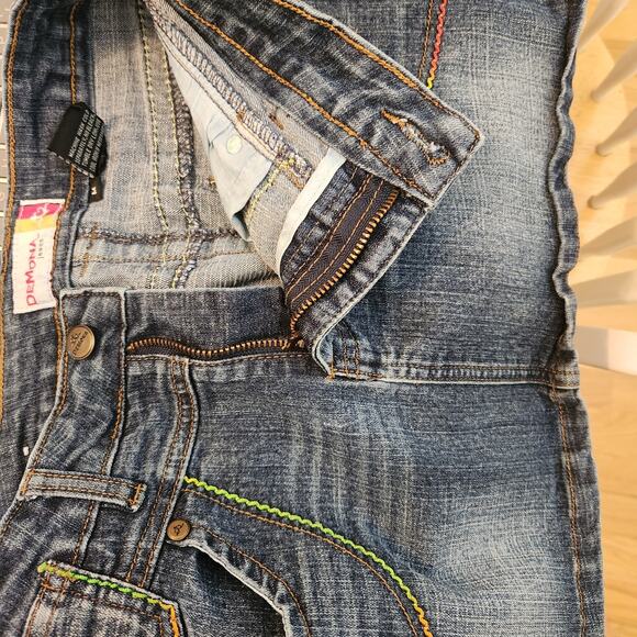 Y2K Denim Skirt Sz Medium Juniors Micro Mini Jean Rainbow Stitch Low Rise Blue - Picture 9 of 12